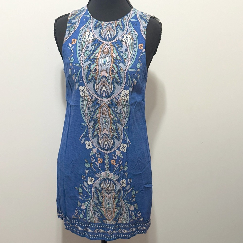 Ecote Paisley Aztec Mini Dress Womens XS/S Blue Bohemian Festival READ